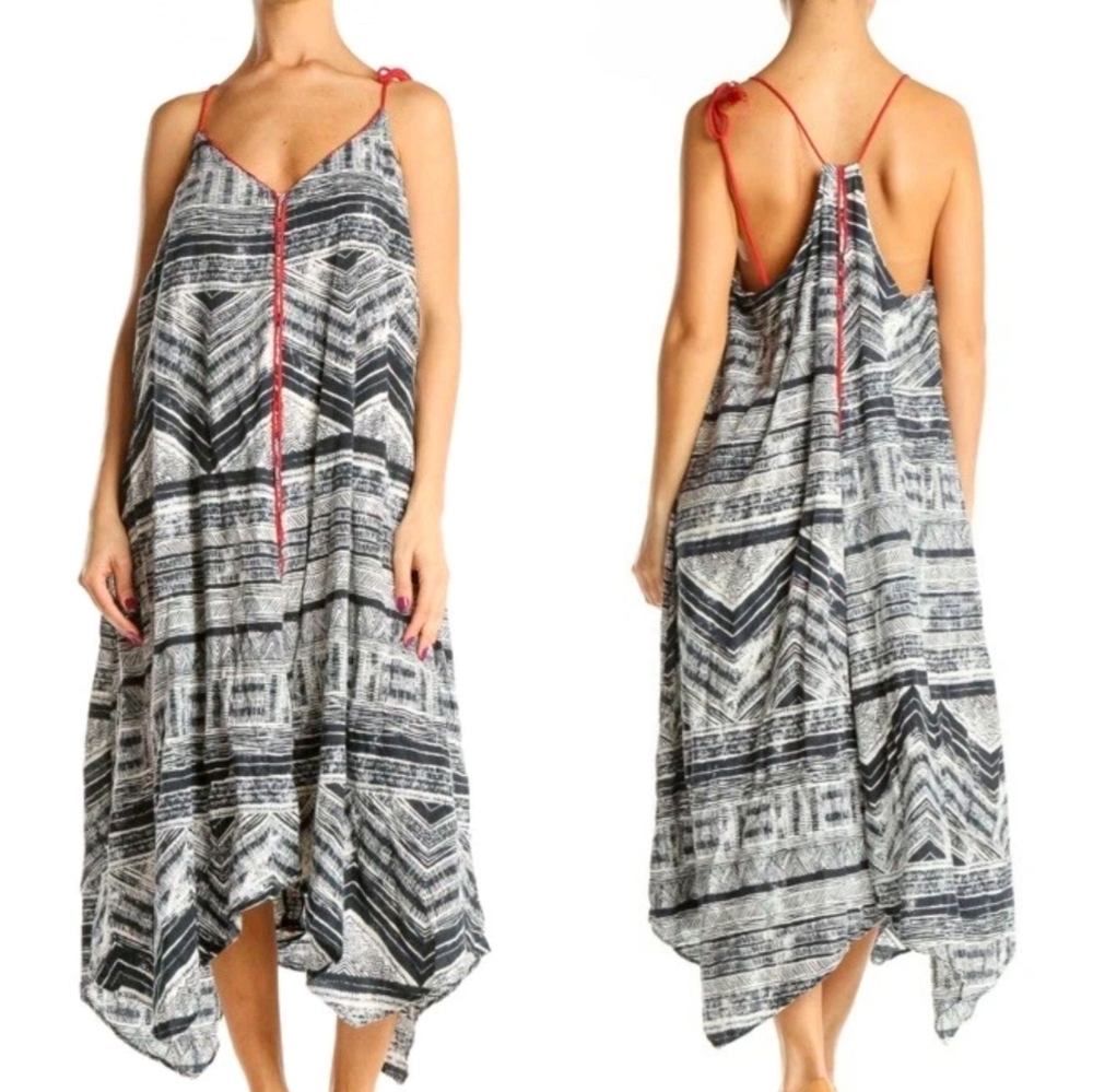 Akemi + Kin Sleeveless Midi Dress XS Black White Tribal Print Red Trim Tie Strap